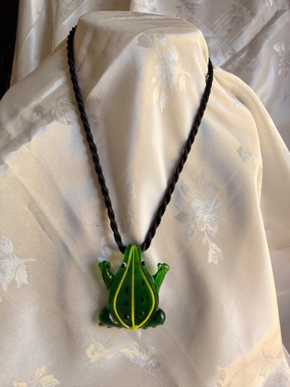 Frog-Shaped Green Glass Pendant on a Black Braided Cord Necklace